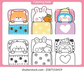 No1.Coloring book.Set of cute animals sleeping on pillow and stay under blanket bed.Night.Dream.Shiba inu dog,rabbit,penguin hand drawn.Cartoon character.Painting book for kid.School.Kawaii.Vector.