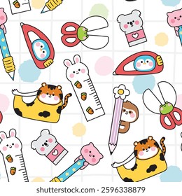 No1.Seamless pattern of cute animals cartoon in stationery white background.Pig,frog,koala bear,tiger,sloth,penguin,rabbit hand drawn.School and office product.Kawaii.Vector.Illustration.