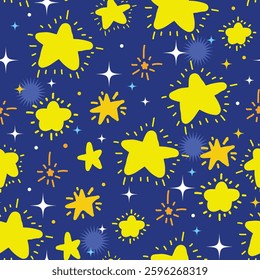 No1.Seamless pattern of cute blink wink star fireworks on night star sky background.Festival,celebrates,new year,holiday.Cartoon hand drawn.Kawaii.Vector.Illustration.