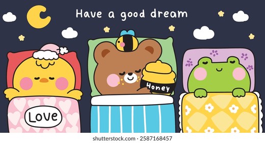 No2.Set of cute animals sleeping on pillow and stay under blanket bed.Chicken,teddy bear,frog hand drawn.Cartoon character.Night.Sleep.Kawaii.Vector.Illustration.