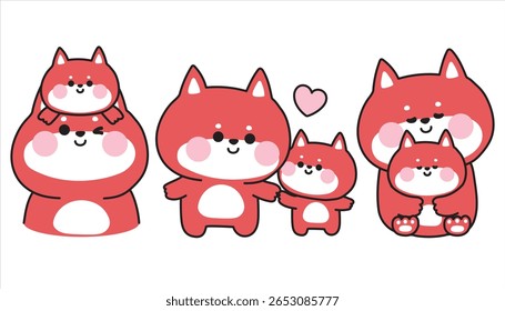 No2.Set de fofo mãe raposa e bebê em vários poses.Heart.Mother day.Love.Wild personagem animal design.Kawaii.Vetor.Illustration.