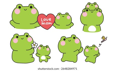 No2.Set de sapo mãe bonito e sapo bebê em vários poses.Dia mãe.Love.Heart.Reptile animal personagem design.Kawaii.Vetor.Illustration.