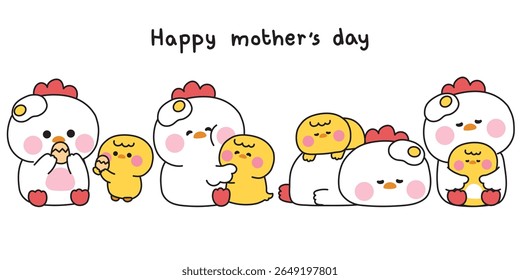 No2.Set of cute mom hen and baby chicken in various poses.Mother day.Love.Fried egg.Farm bird animal character cartoon design.Kawaii.Vector.Illustration.