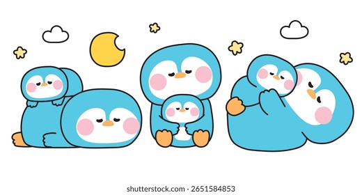 No2.Set of cute mom penguin and baby in sleeping night poses.Moon star and cloud.Mother day.Love.Arctic,polar,north pole.Bird animal character cartoon design.Kawaii.Vector.Illustration.