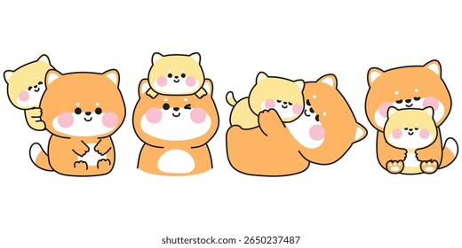No2.Set of cute mom shiba inu dog and baby in various poses.Mother day.Love.Japanese pet animal character cartoon design.Kawaii.Vector.Illustration.