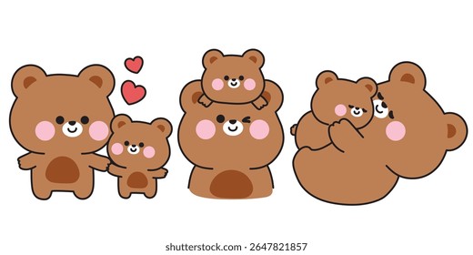 No2.Set of cute mom teddy bear and baby bear in various poses.Mother day.Love.Heart.Wild animal character cartoon design.Kawaii.Vector.Illustration.
