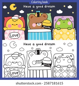 No2.Coloring book.Set of cute animals sleeping on pillow and stay under blanket bed.Chicken,teddy bear,frog hand drawn.Cartoon character.Night.Sleep.Painting book for kid.School.Kawaii.