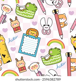 No2.Seamless pattern of cute animals cartoon in stationery background.Sheep,deer,crocodile,panda bear,shiba inu dog,lion,giraffe hand drawn.School and office product.Kawaii.Vector.Illustration.