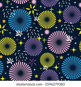 No2.Seamless pattern of cute blink wink star fireworks on night star sky background.Festival,celebrates,new year,holiday.Cartoon hand drawn.Kawaii.Vector.Illustration.