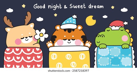 No3.Set of cute animals sleeping on pillow and stay under blanket bed.Deer,tiger,crocodile hand drawn.Cartoon character.Night.Sleep.Kawaii.Vector.Illustration.