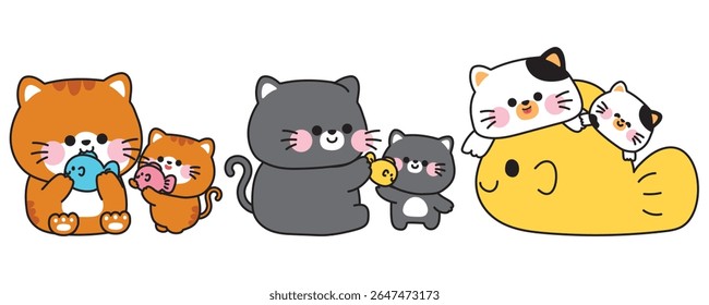 No3.Set de gato mãe bonito e gato bebê em vários poses.Kitten.Meow.Mother day.Love.Pet personagem animal desenho animado.Kawaii.Vetor.Illustration.