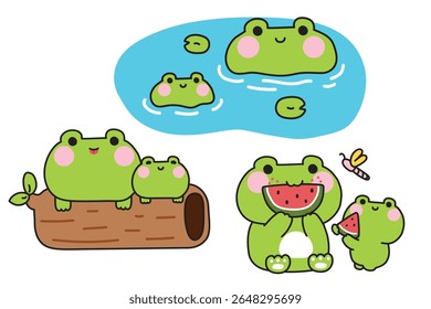 No3.Set of cute mom frog and baby frog in various poses.Mother day.Love.River,watermelon,dragonfly,log.Reptile animal character cartoon design.Kawaii.Vector.Illustration.