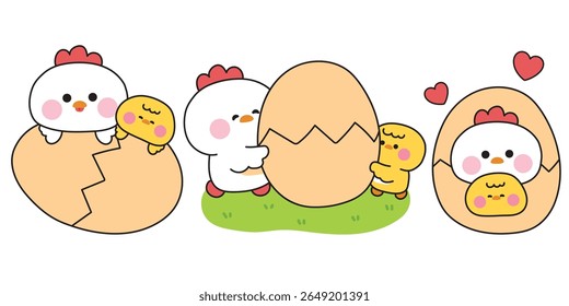 No3.Set of cute mom hen and baby chicken in various poses.Mother day.Love.Egg.Heart.Farm bird animal character cartoon design.Kawaii.Vector.Illustration.