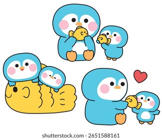 No3.Set de pinguim mãe bonito e bebê em várias poses com fish.Mother day.Love.Arctic, polar, norte pole.Bird personagem animal desenho animado.Kawaii.Vetor.Illustration.
