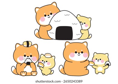 No3.Set of cute mom shiba inu dog and baby in various poses with sushi and rice ball.Mother day.Love.Japanese pet animal character cartoon design.Kawaii.Vector.Illustration.