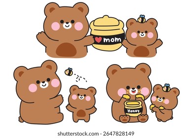 No3.Set de urso de pelúcia mãe bonito e urso bebê em várias poses com mel e abelha.Mãe day.Love.Heart.Wild personagem animal design.Kawaii.Vetor.Illustration.
