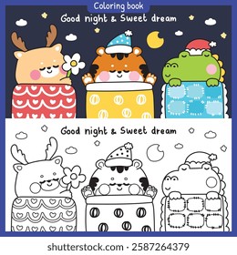 No3.Coloring book.Set of cute animals sleeping on pillow and stay under blanket bed.Deer,tiger,crocodile hand drawn.Cartoon character.Night.Sleep.Painting book for kid.School.Kawaii.