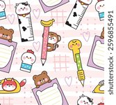 No3.Seamless pattern of cute animals cartoon in stationery background.Cow,monkey,fox,hen,chicken,teddy bear hand drawn.School and office product.Kawaii.Vector.Illustration.