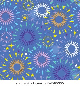 No3.Seamless pattern of cute blink wink star fireworks on night star sky background.Festival,celebrates,new year,holiday.Cartoon hand drawn.Kawaii.Vector.Illustration.