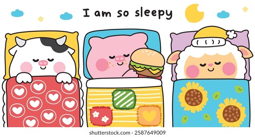 No4.Set of cute animals sleeping on pillow and stay under blanket bed.Cow,pig,sheep hand drawn.Cartoon character.Night.Sleep.Kawaii.Vector.Illustration.