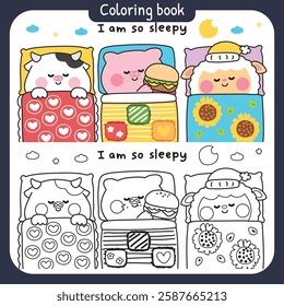 No4.Coloring book.Set of cute animals sleeping on pillow and stay under blanket bed.Cow,pig,sheep hand drawn.Cartoon character.Night.Sleep.Painting book for kid.Kawaii.Vector.Illustration.