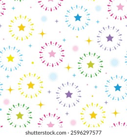 No4.Seamless pattern of cute blink wink star fireworks on sky white background.Festival,celebrates,new year,holiday.Cartoon hand drawn.Kawaii.Vector.Illustration.