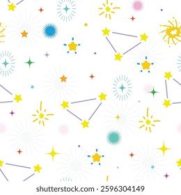 No5.Seamless pattern of cute blink wink star fireworks on sky white background.Zodiac.Festival,celebrates,new year,holiday.Cartoon hand drawn.Kawaii.Vector.Illustration.