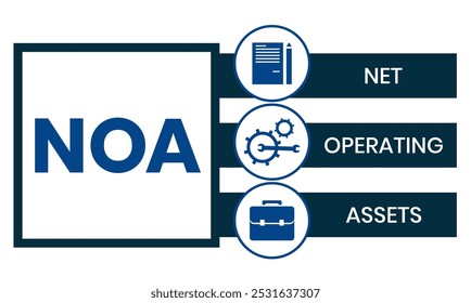 NOA - Abkürzung für "Nettobetriebsvermögen". Hintergrund des Geschäftskonzepts Vektorgrafik mit Schlagwörtern und Symbolen. Beschriftungsgrafik mit Symbolen für Webbanner, Flyer, Landung