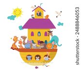 Noah ark. Animals on one ship or boat. Lion elephant penguin fox bear. Bible story illustration, rescue of different lives. Nowaday big travel vector scene