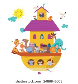 Noah ark. Animals on one ship or boat. Lion elephant penguin fox bear. Bible story illustration, rescue of different lives. Nowaday big travel vector scene