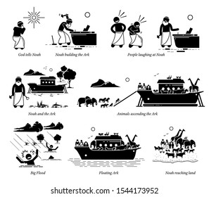 Noah Ark Christian Bible Story. Illustration artwork of Noah building the Ark to save animals before the big flood by God. 