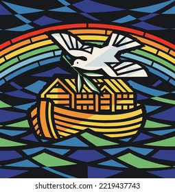 Noah ark flood rainbow peace dove abstract vector illustration background.