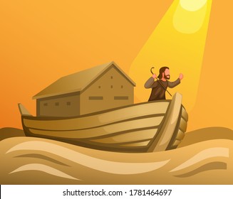 Noah in ark in great flood in biblical scene concept in cartoon illustration vector