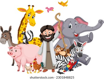 Noah ark Jesus Christ cartoon with animal illustration