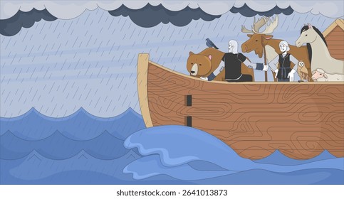 Noah ark sailing through storm with animals flat illustration. Bible story. Old testament. God wrath. Biblical flood rainfall 2D bible characters cartoon background. Colorful scene vector art image