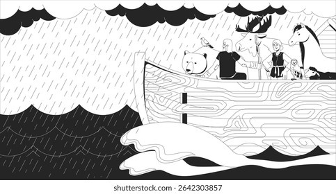 Noah ark sailing through storm with animals line illustration. Bible story. Old testament. God wrath. Biblical flood rainfall 2D ink linear bible characters monochrome. Flat outline vector image