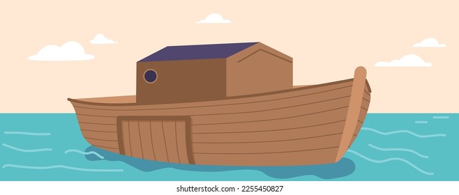 Noah Ark Surrounded by Sea Water under Clear Sky. Great Wooden Ship for Salvation of Mankind and Animal Life on Earth. Famous Biblical Narrative about Genesis Flood. Cartoon Vector Illustration