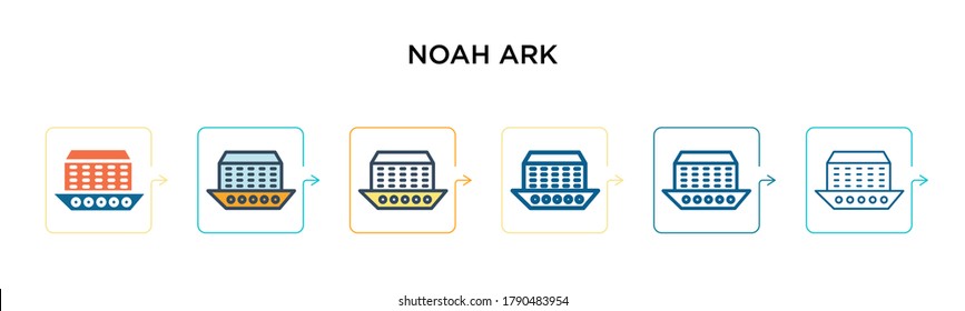 Icono vectorial del arca Noah en 6 estilos diferentes. Iconos negros, de dos colores de arcos noah diseñados en el estilo relleno, contorno, línea y trazo. La ilustración vectorial se puede usar para web, móvil, ui