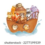 Noah 's ark with many wildlife animals . The flood concept . Realistic watercolor paint with paper textured . Cartoon character design . Vector .