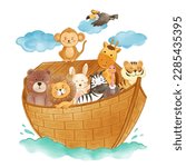 Noah 's ark with many wildlife animals . The flood concept . Realistic watercolor paint with paper textured . Cartoon character design . Vector .