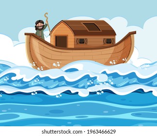 Noah standing alone on his ark in the ocean scene illustration