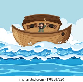 Noah standing alone on his ark in the ocean scene illustration