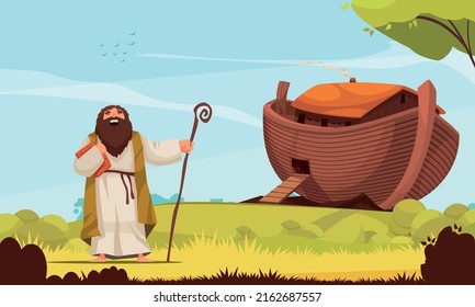 Noah staying near big wooden ark that he built at behest of god flat cartoon vector illustration