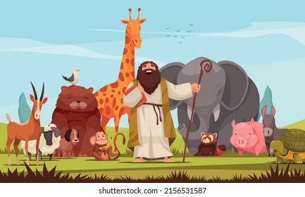 Noah surrounded by group of wild animals gathered to escape from flood flat colored background cartoon vector illustration