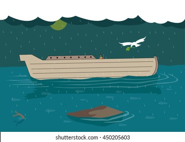 Noah waits for the dove to return to his Ark with a leaf during the great flash flood. Editable Clip Art.