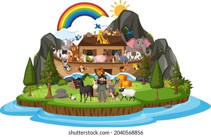 Noah's Ark with Animals isolated on white background illustration