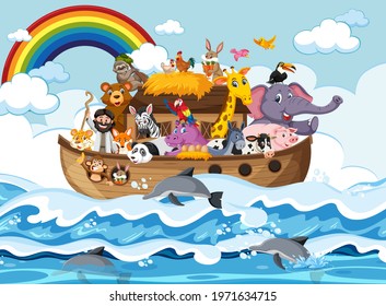 Noah's Ark with animals in the ocean scene illustration