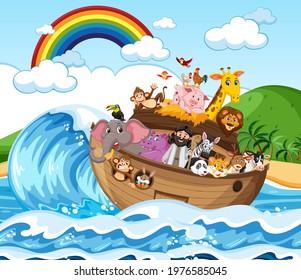 Noah's Ark with animals in the ocean scene illustration