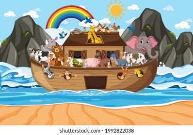 Noah's Ark with animals in the ocean scene illustration