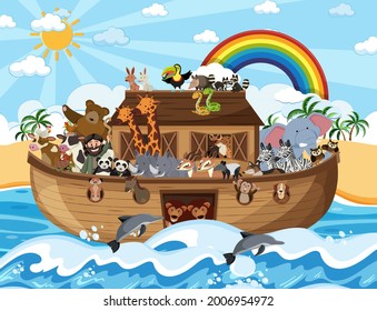 Noah's Ark with animals in the ocean scene illustration